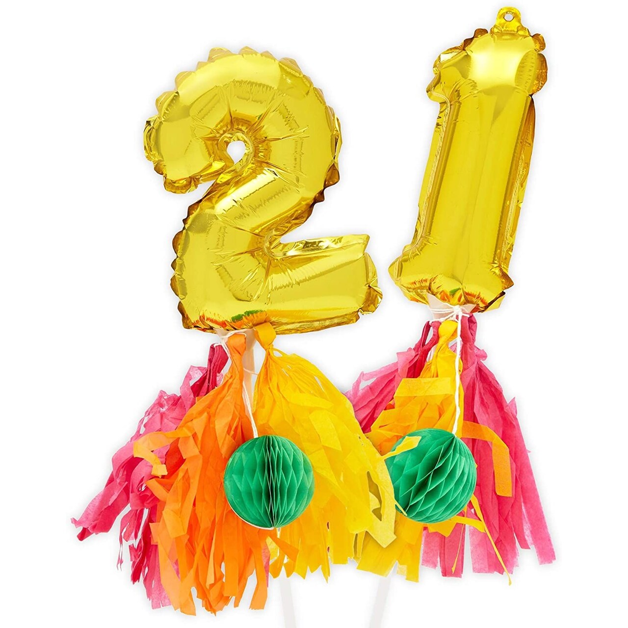Number 21 Metallic Gold Foil Balloons Cake Topper with Tassel for 21st Birthday Party Decorations, 7.5 inch